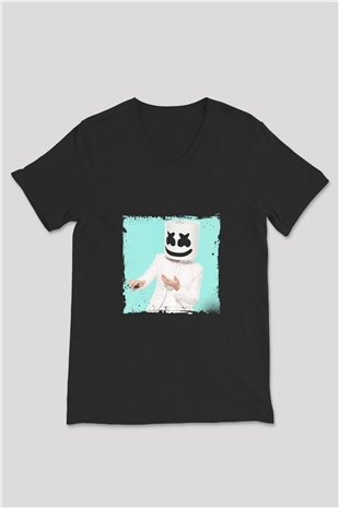 Marshmello Baskılı Unisex Siyah V Yaka Tişört