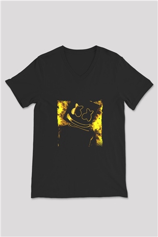 Marshmello Baskılı Unisex Siyah V Yaka Tişört