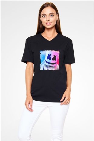 Marshmello Baskılı Unisex Siyah V Yaka Tişört