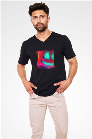 Marshmello Baskılı Unisex Siyah V Yaka Tişört