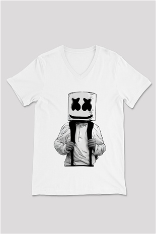 Marshmello Beyaz Unisex V Yaka Tişört T-Shirt
