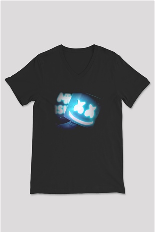 Marshmello Siyah Unisex V Yaka Tişört T-Shirt
