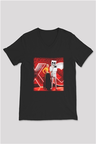 Marshmello Siyah Unisex V Yaka Tişört T-Shirt