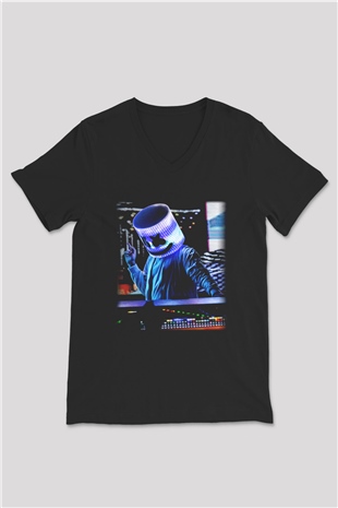 Marshmello Siyah Unisex V Yaka Tişört T-Shirt