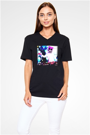 Marshmello Siyah Unisex V Yaka Tişört T-Shirt