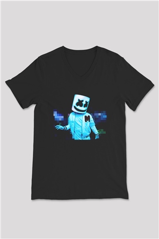 Marshmello Siyah Unisex V Yaka Tişört T-Shirt