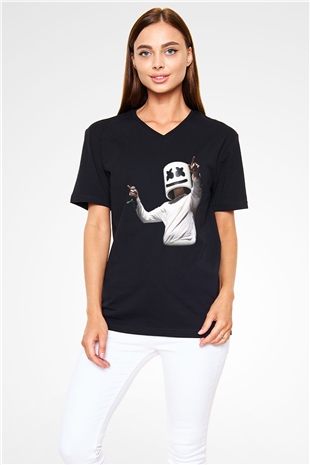 Marshmello Siyah Unisex V Yaka Tişört T-Shirt