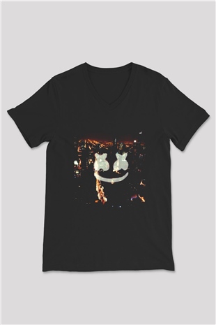Marshmello Siyah Unisex V Yaka Tişört T-Shirt