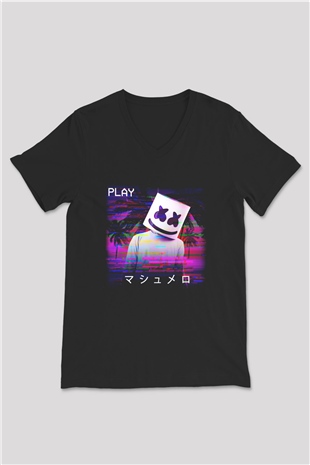 Marshmello Siyah Unisex V Yaka Tişört T-Shirt