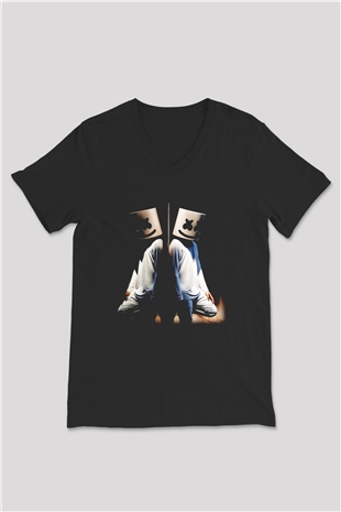 Marshmello Siyah Unisex V Yaka Tişört T-Shirt