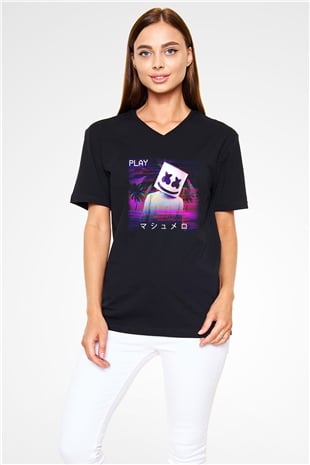 Marshmello Siyah Unisex V Yaka Tişört T-Shirt