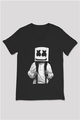 Marshmello Siyah Unisex V Yaka Tişört T-Shirt