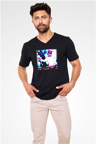 Marshmello Siyah Unisex V Yaka Tişört T-Shirt