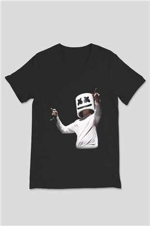Marshmello Siyah Unisex V Yaka Tişört T-Shirt