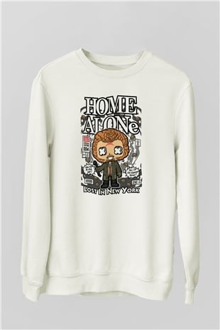 Marv Evde Tek Başına Baskılı Unisex Beyaz Sweatshirt
