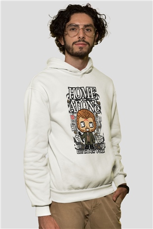 Marv Evde Tek Başına Baskılı Unisex Beyaz Hoodie