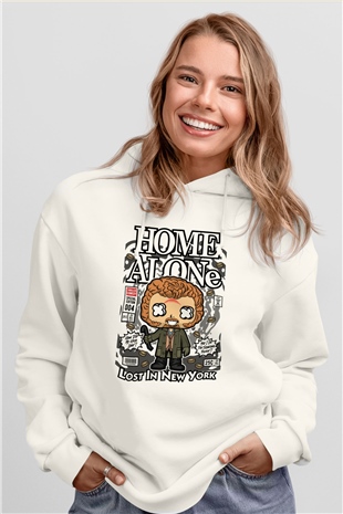 Marv Evde Tek Başına Baskılı Unisex Beyaz Hoodie