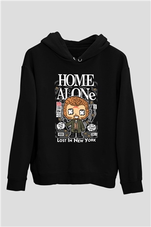 Marv Evde Tek Başına Baskılı Unisex Siyah Hoodie