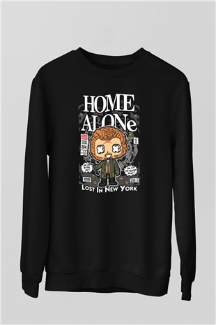 Marv Evde Tek Başına Baskılı Unisex Siyah Sweatshirt