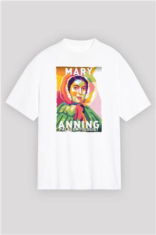 Mary Anning Baskılı Unisex Oversize Beyaz Tişört - Tshirt