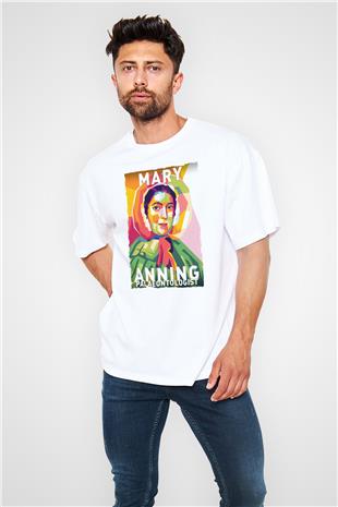 Mary Anning Baskılı Unisex Oversize Beyaz Tişört - Tshirt