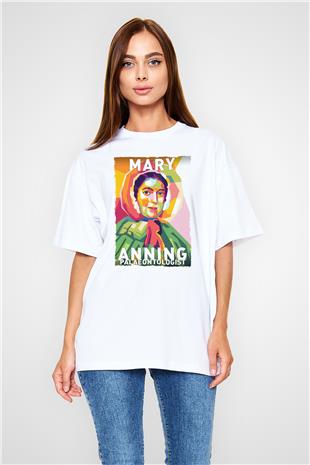 Mary Anning Baskılı Unisex Oversize Beyaz Tişört - Tshirt