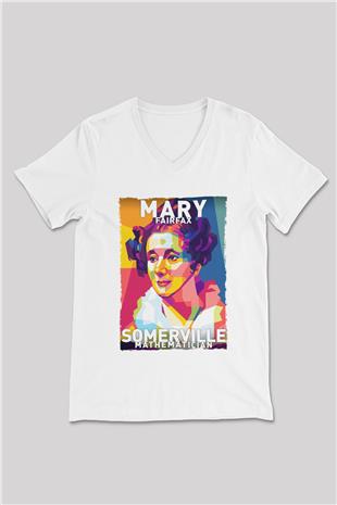 Mary Fairrfax Somerville Baskılı Unisex V Yaka Beyaz Tişört - Tshirt
