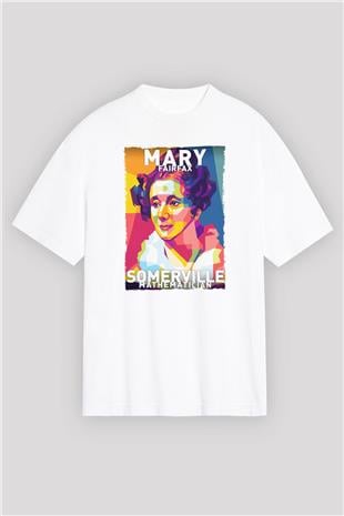 Mary Fairrfax Somerville Baskılı Unisex Oversize Beyaz Tişört - Tshirt