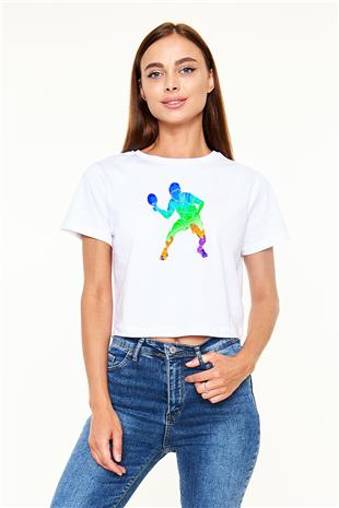 Masa Tenisi Baskılı Crop Top Beyaz Tişört - T-shirt