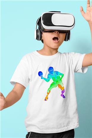 Masa Tenisi Baskılı Unisex Beyaz Çocuk Tişört - Tshirt