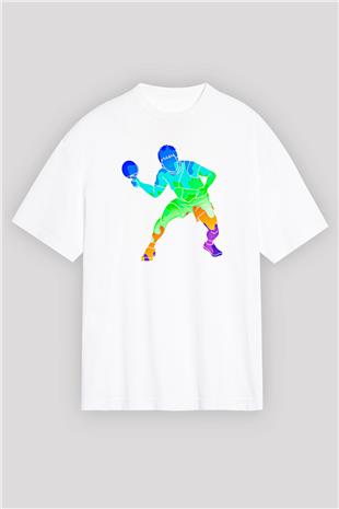 Masa Tenisi Baskılı Unisex Beyaz Oversize Tişört - Tshirt