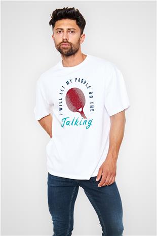 Masa Tenisi Baskılı Unisex Beyaz Oversize Tişört - Tshirt