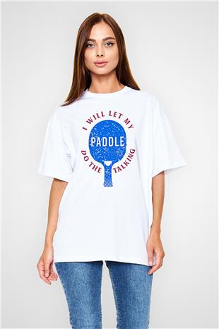 Masa Tenisi Baskılı Unisex Beyaz Oversize Tişört - Tshirt