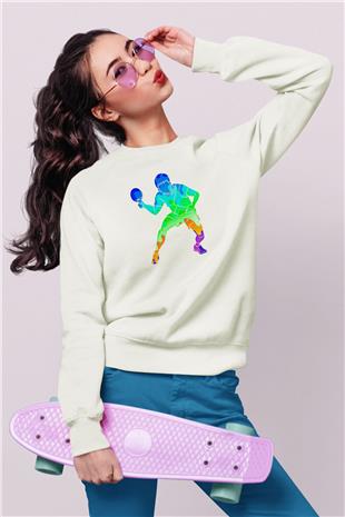 Masa Tenisi Baskılı Unisex Ekru Sweatshirt