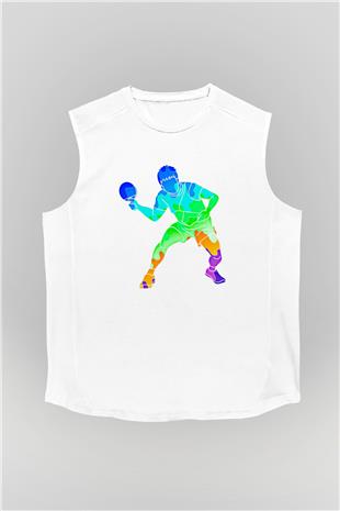 Masa Tenisi Baskılı Unisex Kolsuz Beyaz Tişört
