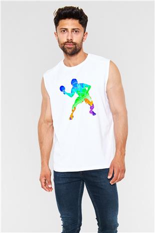 Masa Tenisi Baskılı Unisex Kolsuz Beyaz Tişört