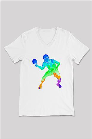 Masa Tenisi Baskılı Unisex V Yaka Tişört - Tshirt
