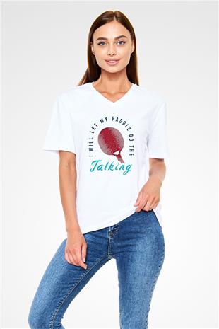 Masa Tenisi Baskılı Unisex V Yaka Tişört - Tshirt