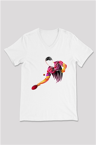 Masa tenisi Beyaz Unisex V Yaka Tişört T-Shirt