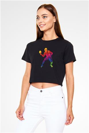Masa Tenisi - Ping Pong Baskılı Crop Top Siyah Kadın Tişört - Tshirt