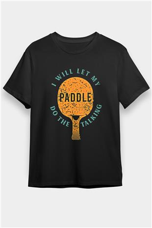 Masa Tenisi - Ping Pong Baskılı Unisex Siyah Tişört - Tshirt