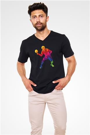 Masa Tenisi - Ping Pong Baskılı Unisex Siyah V Yaka Tişört