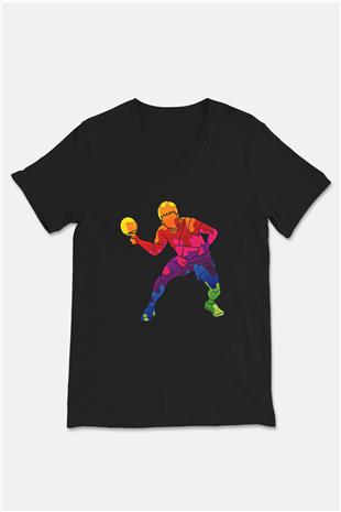 Masa Tenisi - Ping Pong Baskılı Unisex Siyah V Yaka Tişört