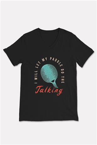 Masa Tenisi - Ping Pong Baskılı Unisex Siyah V Yaka Tişört