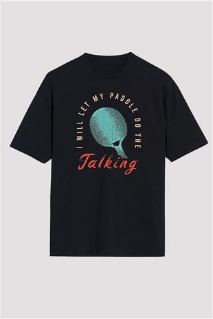 Masa Tenisi - Ping Pong Baskılı Unisex Siyah Oversize Tişört