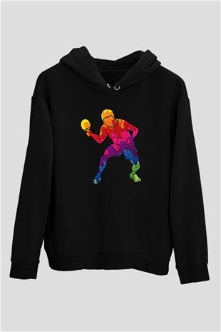 Masa Tenisi - Ping Pong Baskılı Unisex Siyah Hoodie
