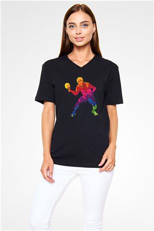Masa Tenisi - Ping Pong Baskılı Unisex Siyah V Yaka Tişört