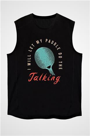 Masa Tenisi - Ping Pong Baskılı Unisex Siyah Kolsuz Tişört