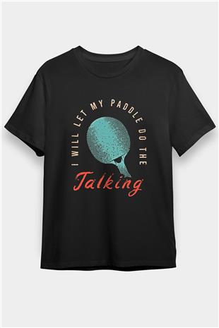 Masa Tenisi - Ping Pong Baskılı Unisex Siyah Tişört - Tshirt