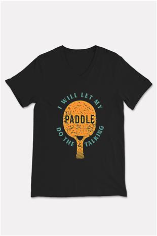 Masa Tenisi - Ping Pong Baskılı Unisex Siyah V Yaka Tişört